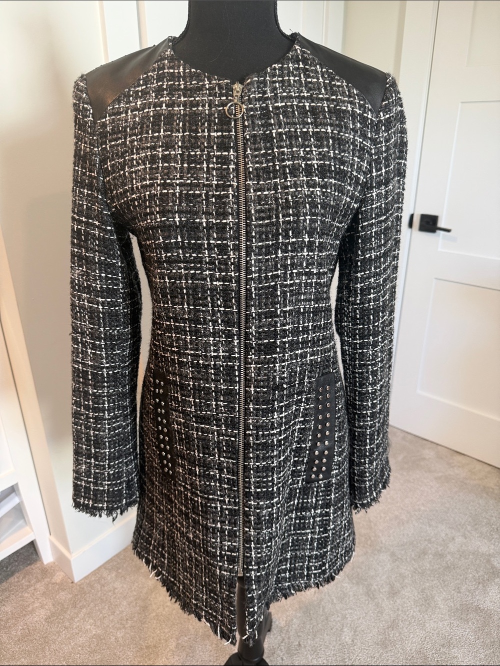 Zara Black & White Tweed Zip-Front Blazer Coat